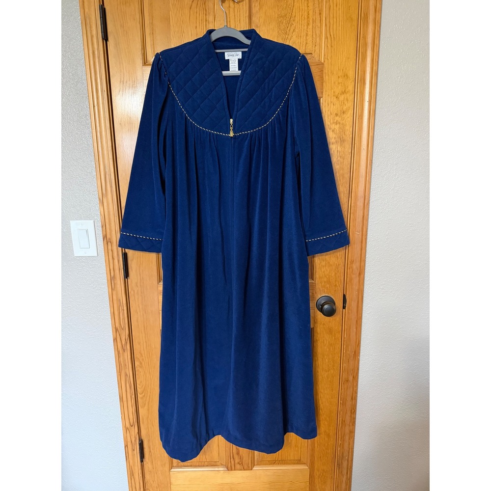 Vanity Fair Vintage Blue Velour Robe Quilted Gold Trim Tassel Zip Front Large